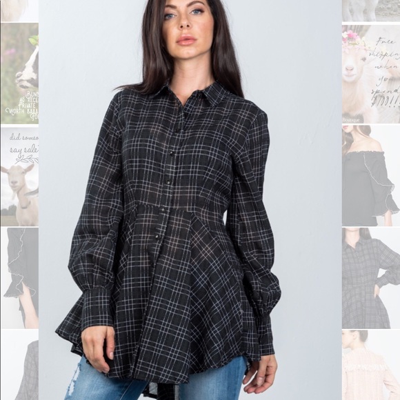 Boho black Graph check HI-low pepium tunic - Picture 1 of 3